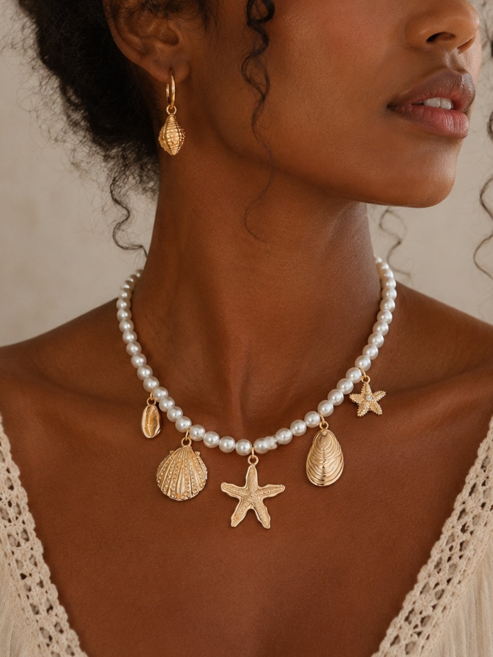 Gold Sea Charm Vegan Pearls Necklace